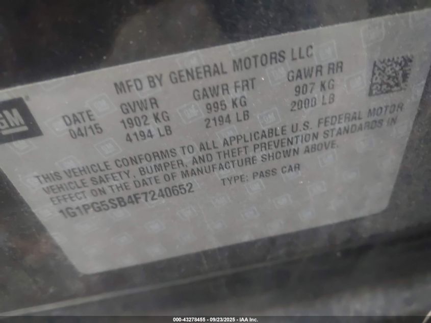 2015 Chevrolet Cruze Ltz VIN: 1G1PG5SB4F7240652 Lot: 43278455