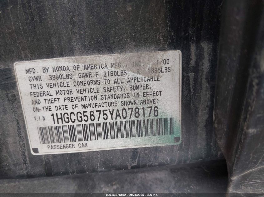 2000 Honda Accord 2.3 Se VIN: 1HGCG5675YA078176 Lot: 43278462