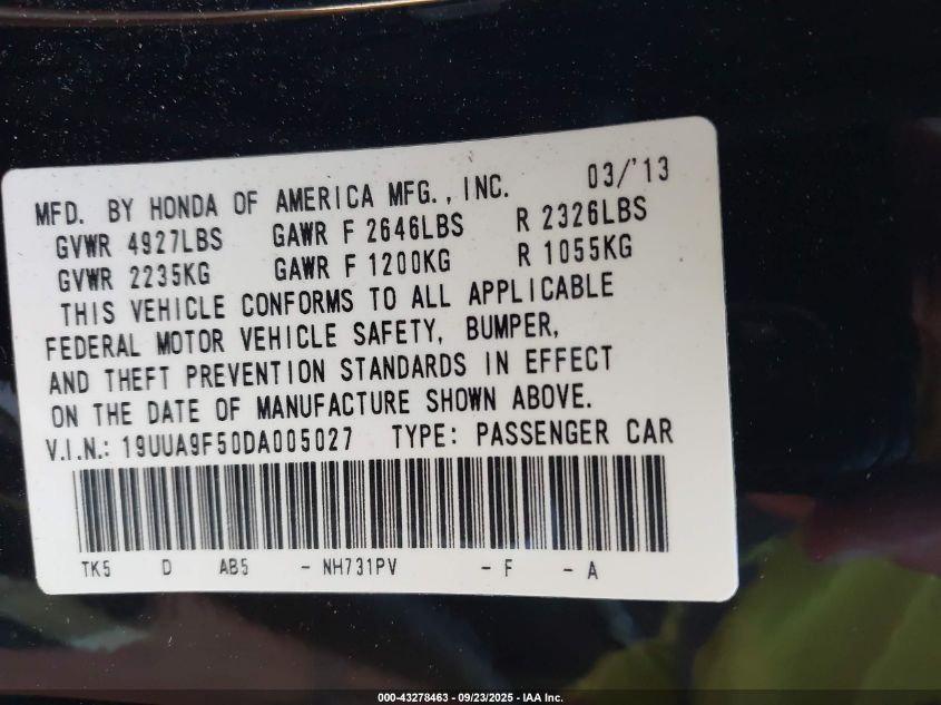 2013 Acura Tl 3.7 VIN: 19UUA9F50DA005027 Lot: 43278463