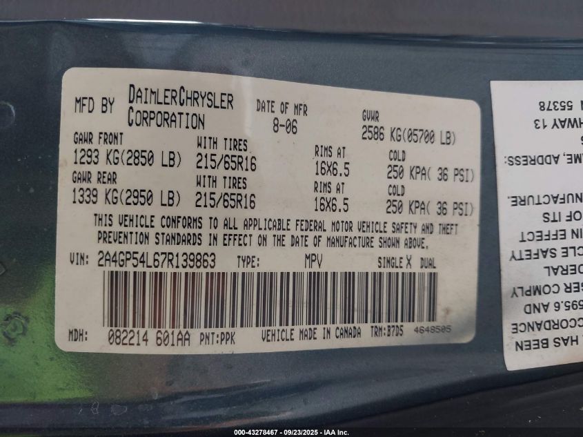 2007 Chrysler Town & Country Touring VIN: 2A4GP54L67R139863 Lot: 43278467