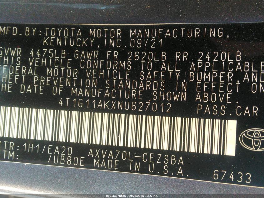 2022 Toyota Camry Se/Se Night Shade VIN: 4T1G11AKXNU627012 Lot: 43278485