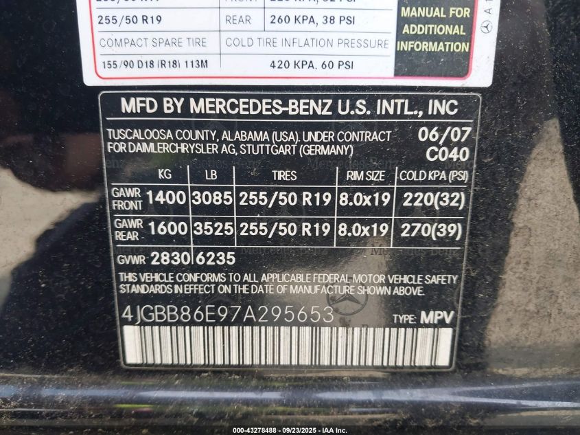 2007 Mercedes-Benz Ml 350 4Matic VIN: 4JGBB86E97A295653 Lot: 43278488