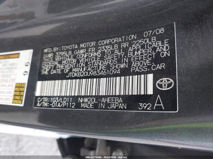 2008 Toyota Prius Touring VIN: JTDKB20U983461094 Lot: 43278498
