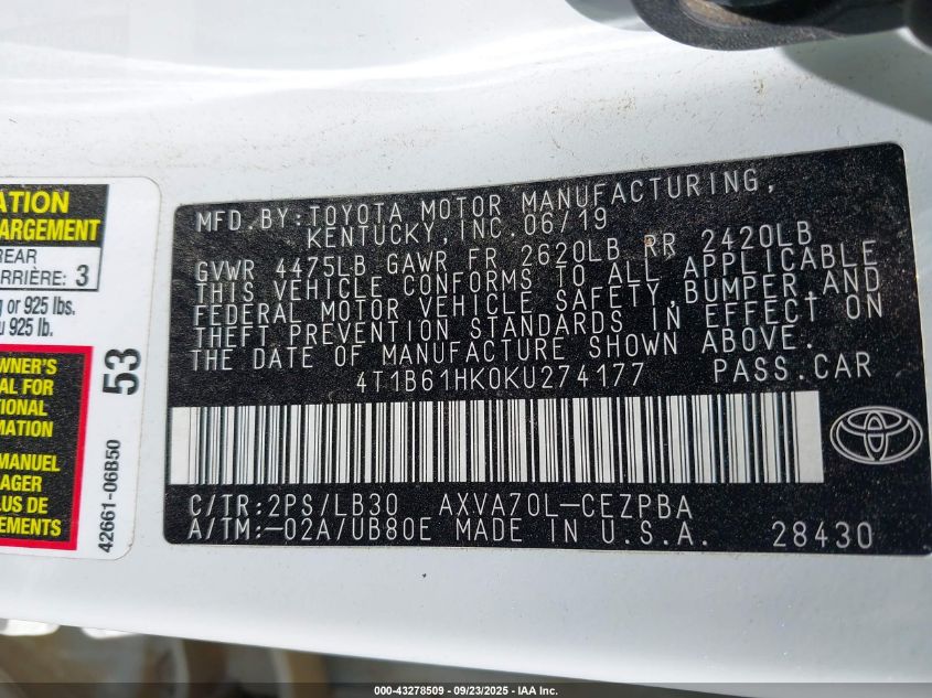 2019 Toyota Camry Xse VIN: 4T1B61HK0KU274177 Lot: 43278509