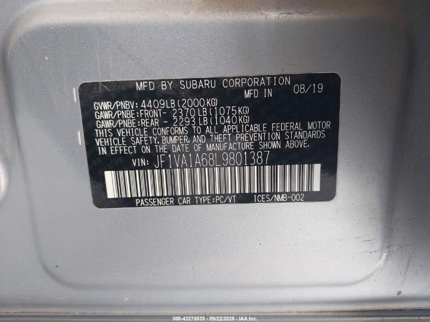 2020 Subaru Wrx VIN: JF1VA1A68L9801387 Lot: 43278535