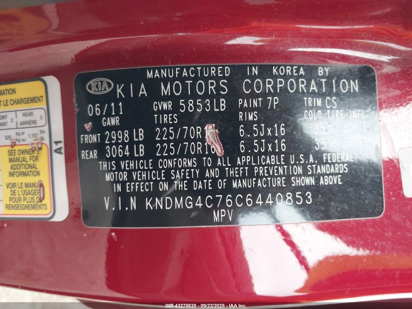 2012 Kia Sedona Lx VIN: KNDMG4C76C6440853 Lot: 43278538