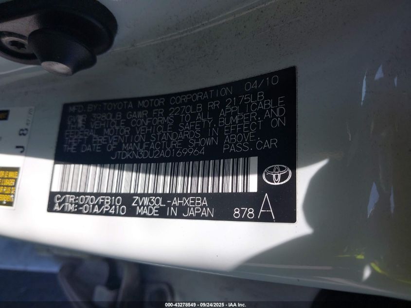 2010 Toyota Prius Iii VIN: JTDKN3DU2A0169964 Lot: 43278549