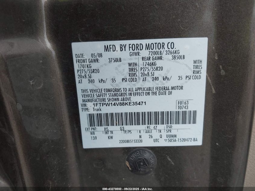 2008 Ford F-150 60Th Anniversary/Fx4/King Ranch/Lariat/Xlt VIN: 1FTPW14V88KE35471 Lot: 43278550