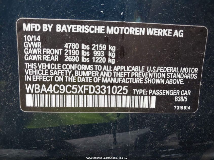 2015 BMW 428 Gran Coupe xDrive VIN: WBA4C9C5XFD331025 Lot: 43278552