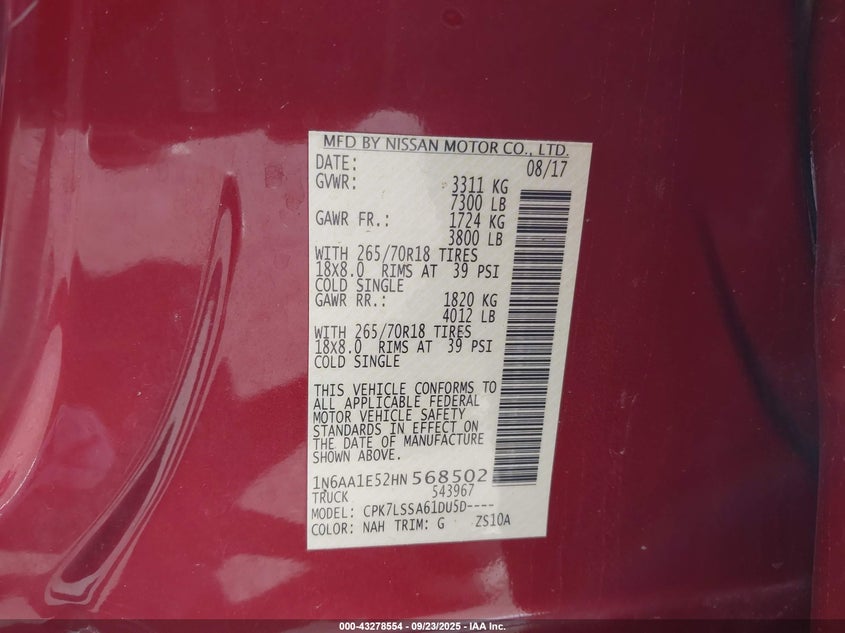 2017 NISSAN TITAN SV - 1N6AA1E52HN568502