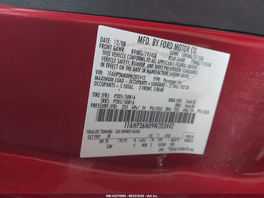 2009 Ford Focus Ses VIN: 1FAHP36N09W203442 Lot: 43278565