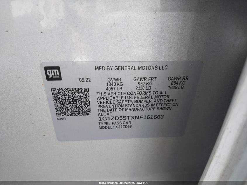 2022 Chevrolet Malibu Fwd Lt VIN: 1G1ZD5STXNF161663 Lot: 43278576