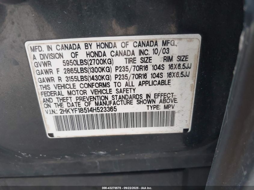 2004 Honda Pilot Ex-L VIN: 2HKYF18514H523365 Lot: 43278578