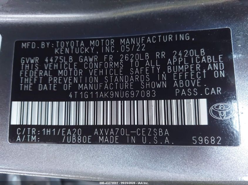 2022 Toyota Camry Se VIN: 4T1G11AK9NU697083 Lot: 43278583