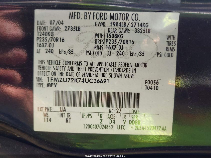 2004 Ford Explorer Xls VIN: 1FMZU72K74UC36691 Lot: 43278585