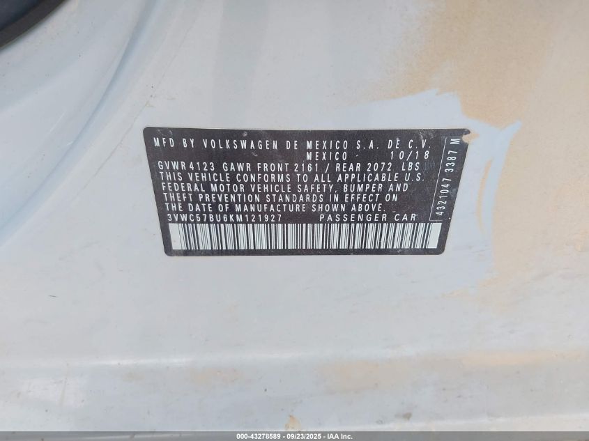 2019 Volkswagen Jetta 1.4T R-Line/1.4T S/1.4T Se VIN: 3VWC57BU6KM121927 Lot: 43278589