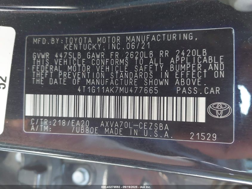 2021 Toyota Camry Se VIN: 4T1G11AK7MU477665 Lot: 43278592