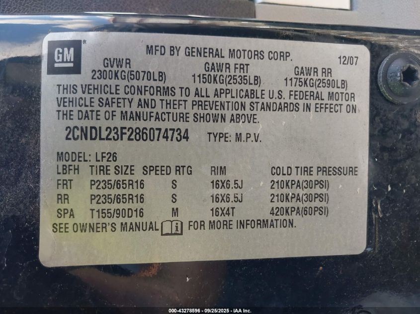 2008 Chevrolet Equinox Ls VIN: 2CNDL23F286074734 Lot: 43278596