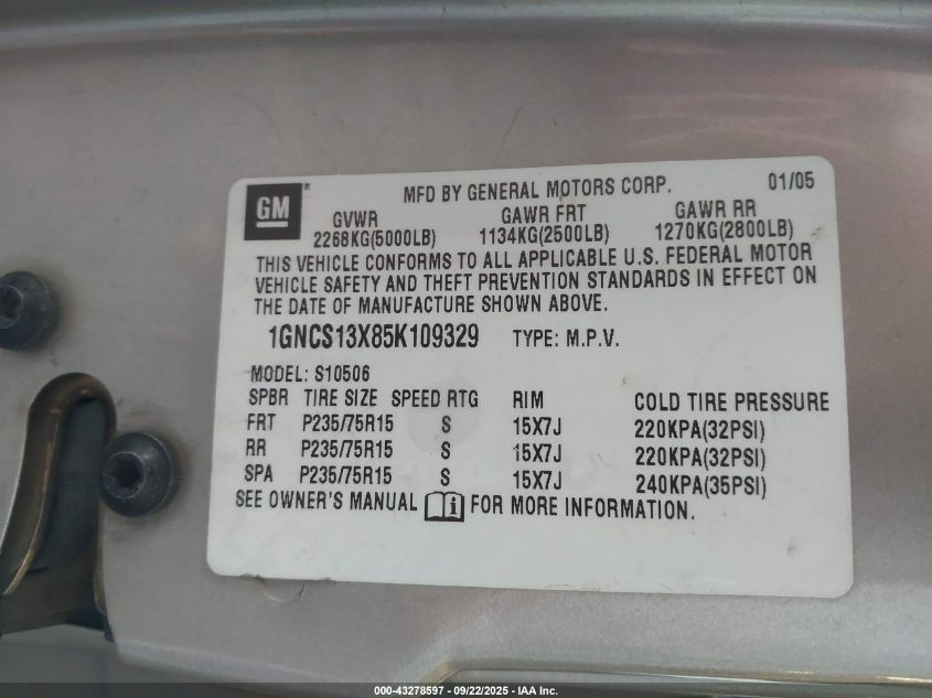 2005 Chevrolet Blazer Ls VIN: 1GNCS13X85K109329 Lot: 43278597