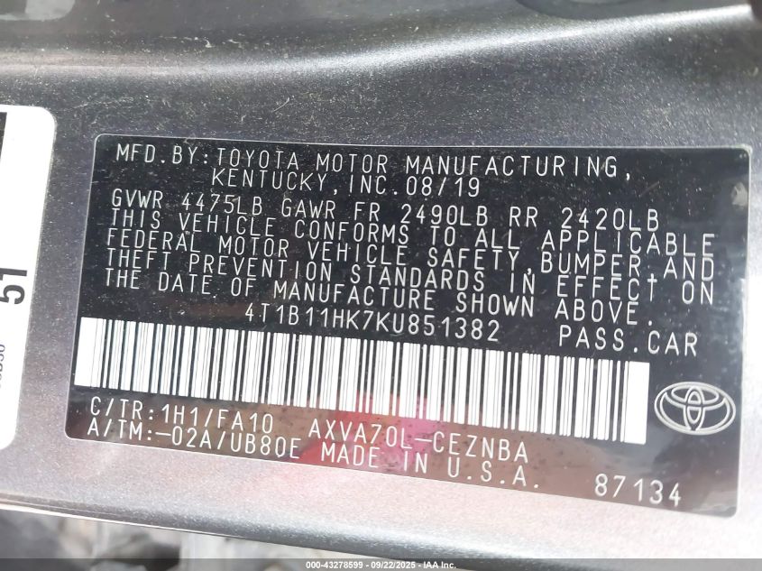 2019 Toyota Camry Le VIN: 4T1B11HK7KU851382 Lot: 43278599