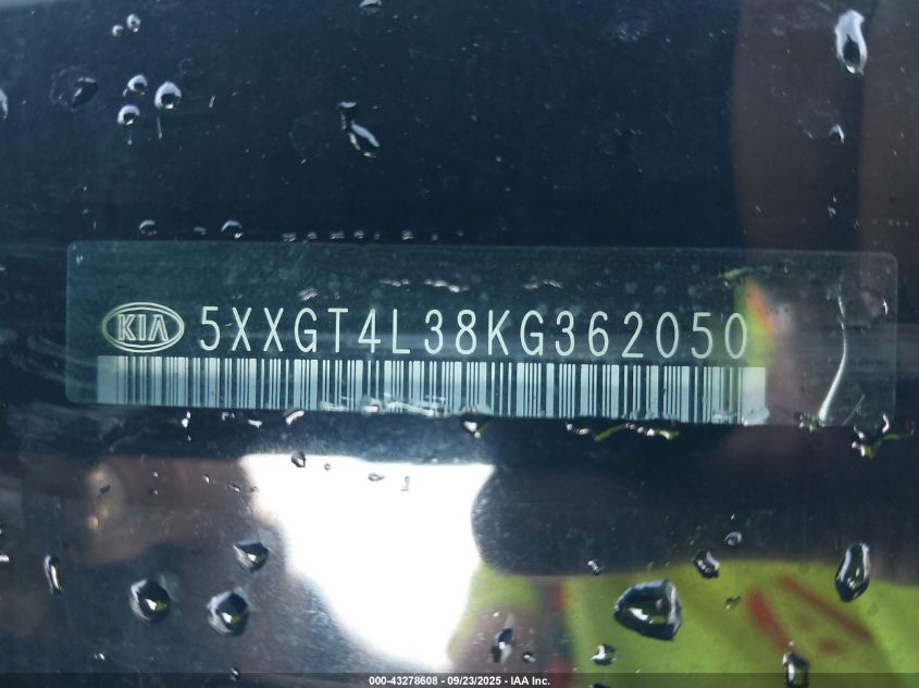 2019 Kia Optima S VIN: 5XXGT4L38KG362050 Lot: 43278608