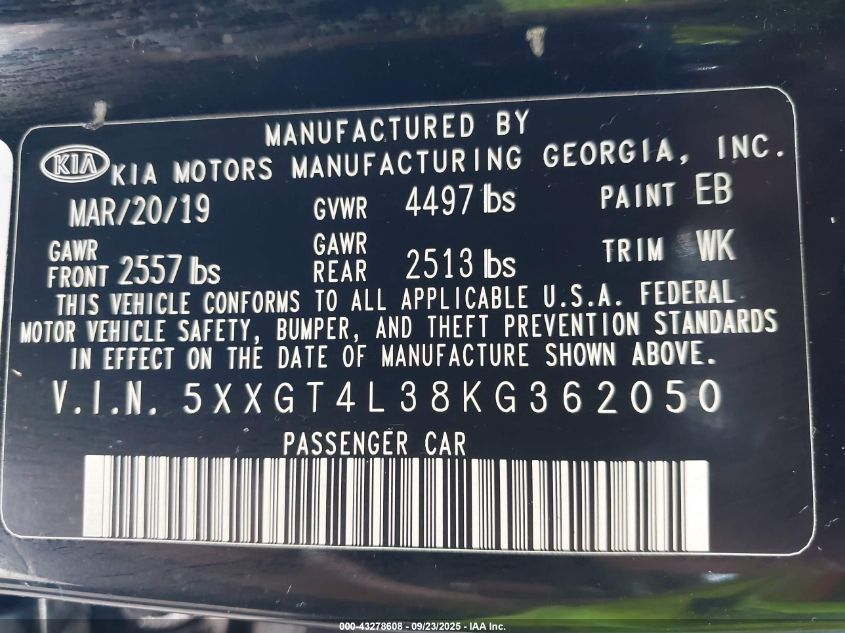 2019 Kia Optima S VIN: 5XXGT4L38KG362050 Lot: 43278608