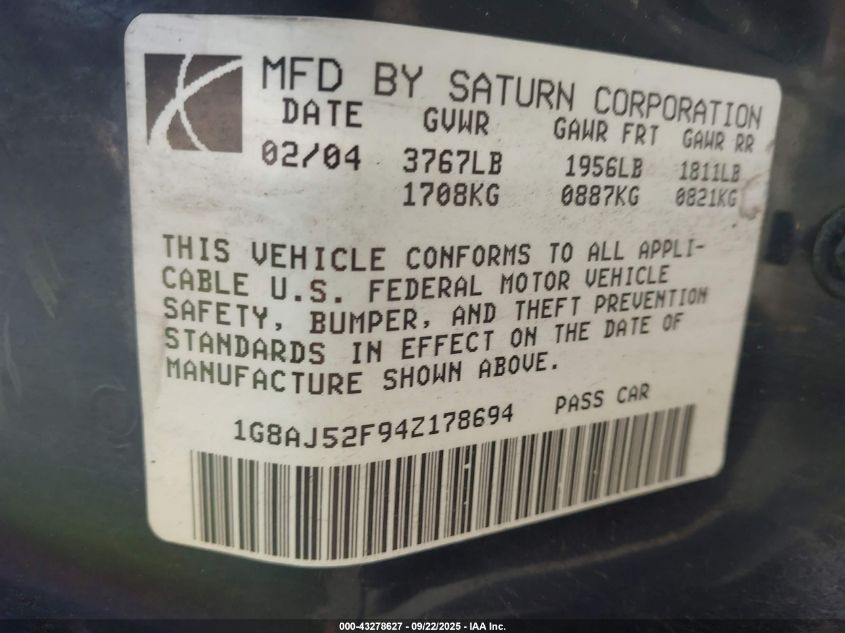 2004 Saturn Ion 2 VIN: 1G8AJ52F94Z178694 Lot: 43278627