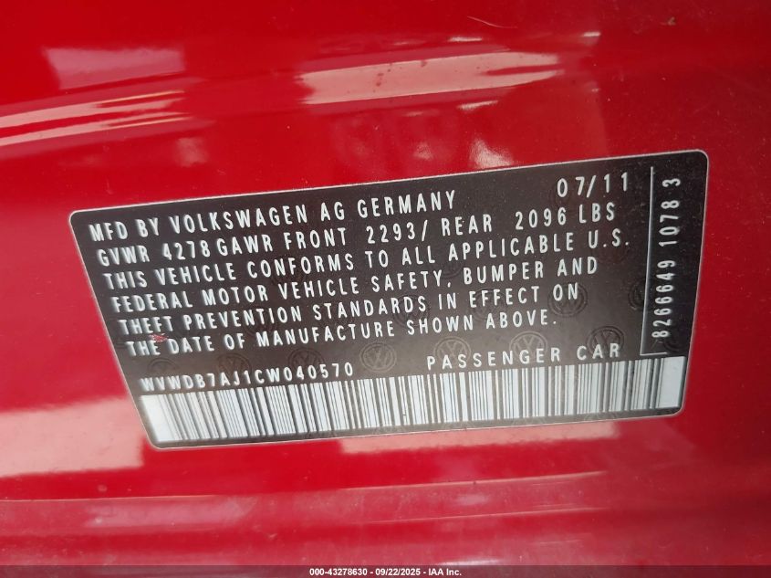 2012 Volkswagen Golf 2.5L 4-Door VIN: WVWDB7AJ1CW040570 Lot: 43278630