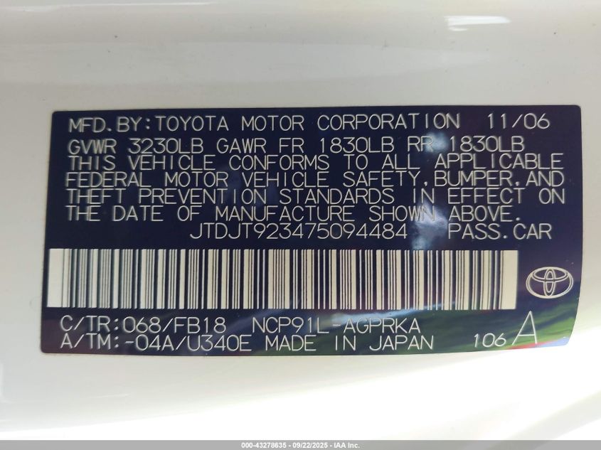 2007 Toyota Yaris VIN: JTDJT923475094484 Lot: 43278635