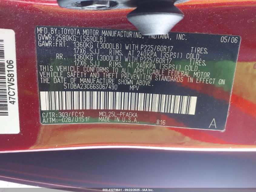 2006 Toyota Sienna Le VIN: 5TDBA23C66S067490 Lot: 43278641