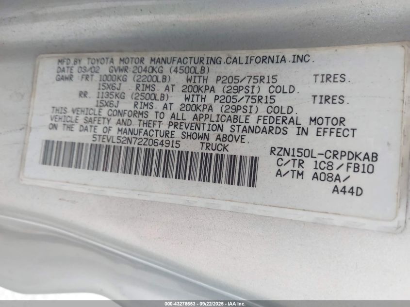 2002 Toyota Tacoma VIN: 5TEVL52N72Z064915 Lot: 43278653
