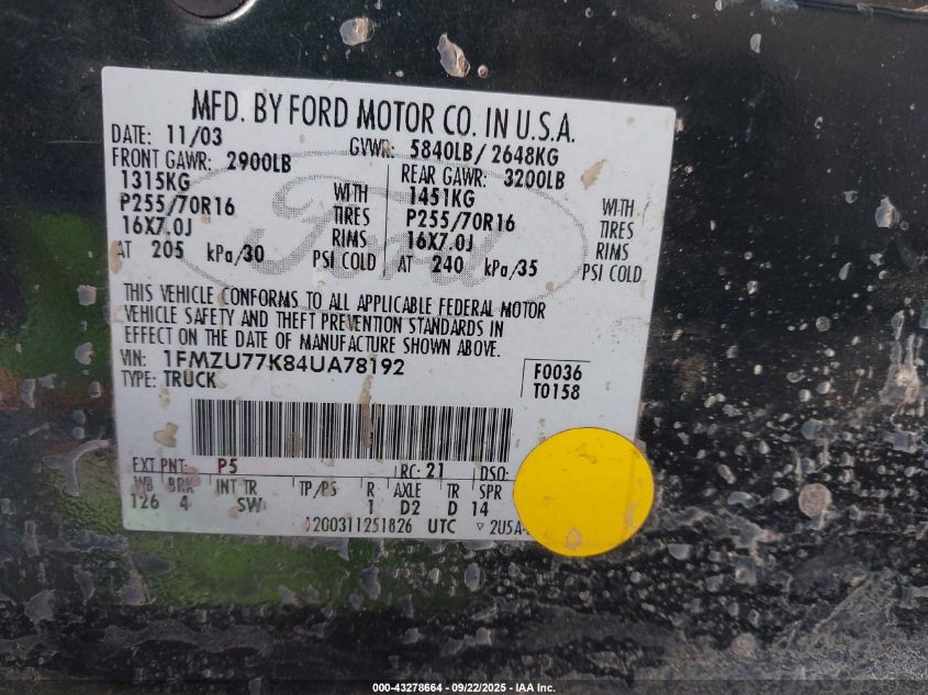 2004 Ford Explorer Sport Trac Adrenalin/Xls/Xlt VIN: 1FMZU77K84UA78192 Lot: 43278664