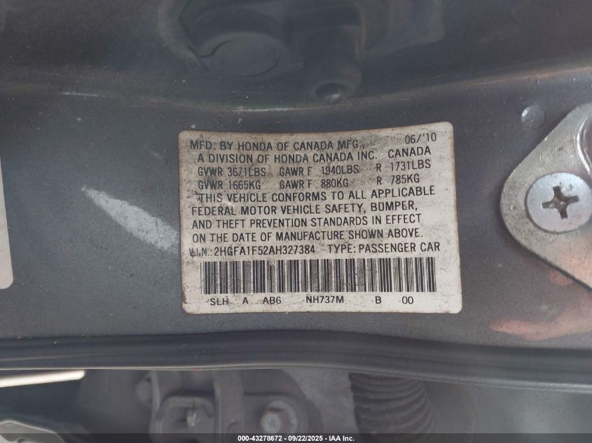 2010 Honda Civic Lx VIN: 2HGFA1F52AH327384 Lot: 43278672