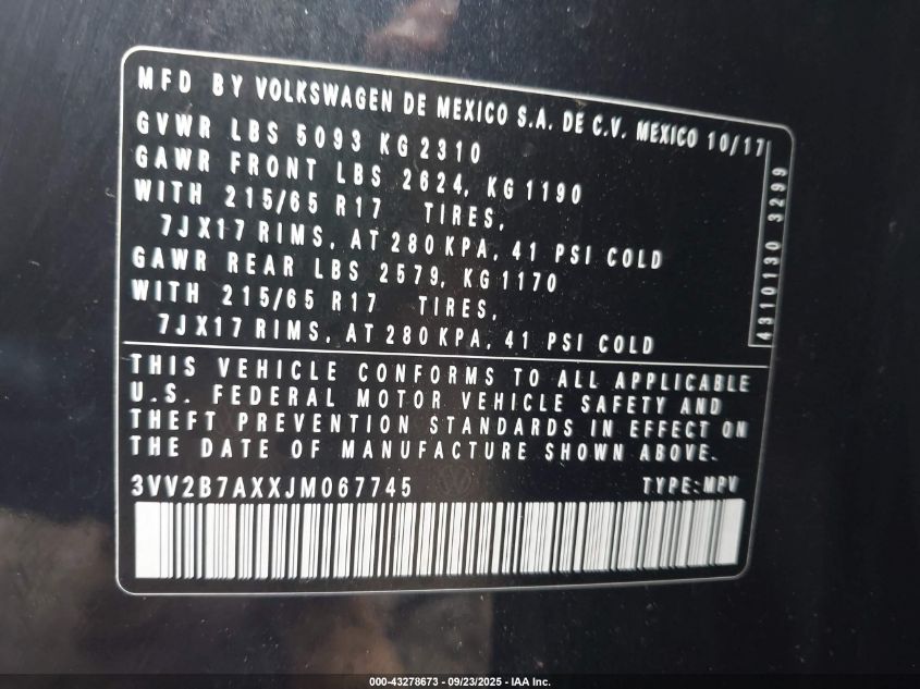 2018 Volkswagen Tiguan 2.0T Se/2.0T Sel VIN: 3VV2B7AXXJM067745 Lot: 43278673