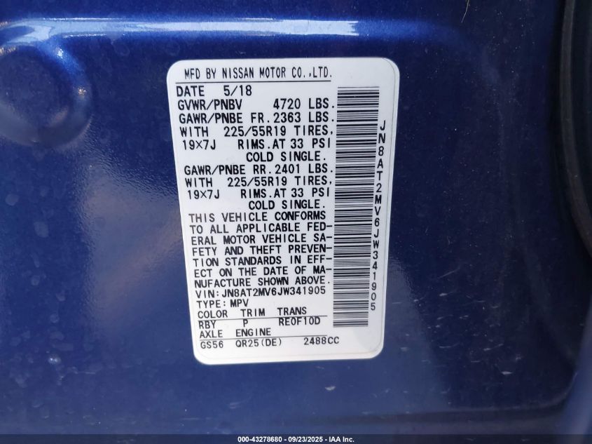 2018 Nissan Rogue Sl VIN: JN8AT2MV6JW341905 Lot: 43278680