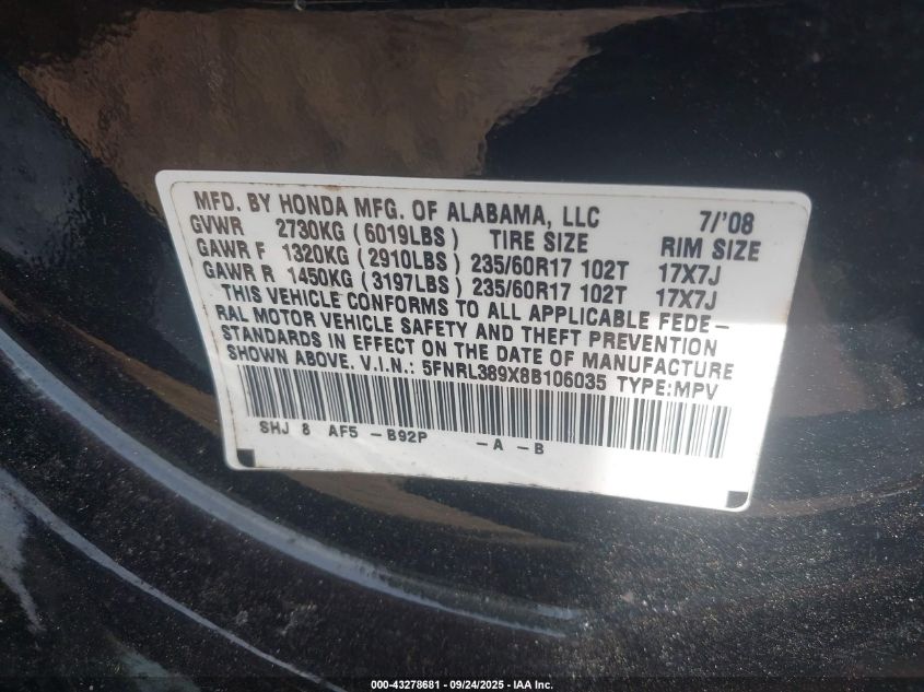 2008 Honda Odyssey Touring VIN: 5FNRL389X8B106035 Lot: 43278681