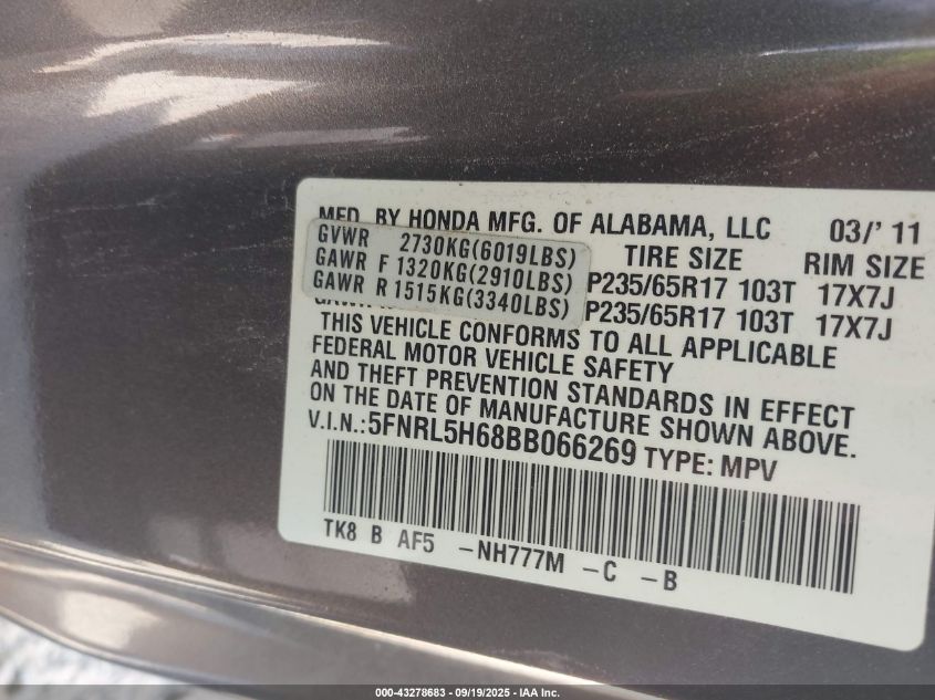 2011 Honda Odyssey Ex-L VIN: 5FNRL5H68BB066269 Lot: 43278683