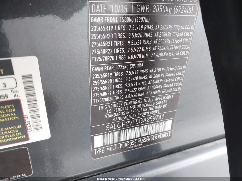 2016 Land Rover Range Rover 3.0L V6 Supercharged VIN: SALGR2VF5GA259741 Lot: 43278689