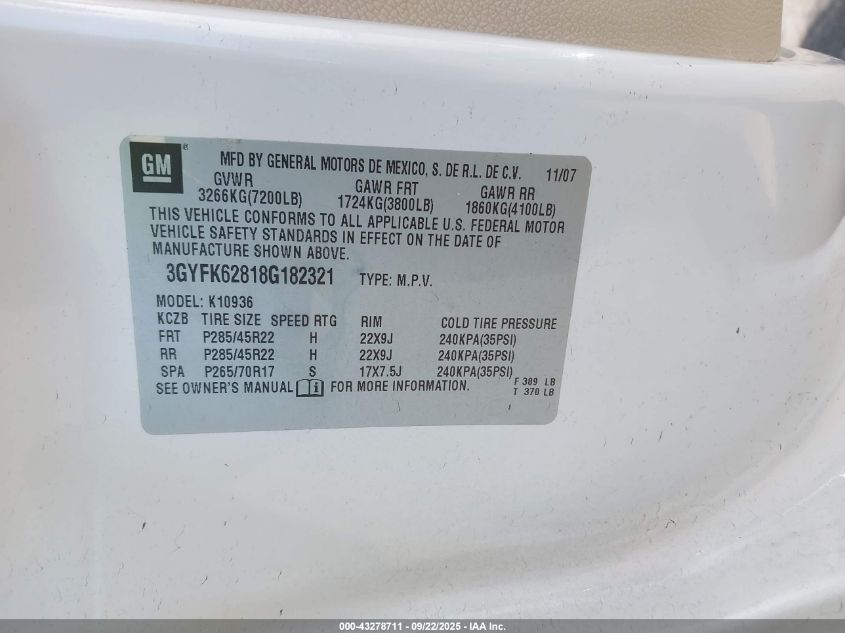 2008 Cadillac Escalade Ext Standard VIN: 3GYFK62818G182321 Lot: 43278711