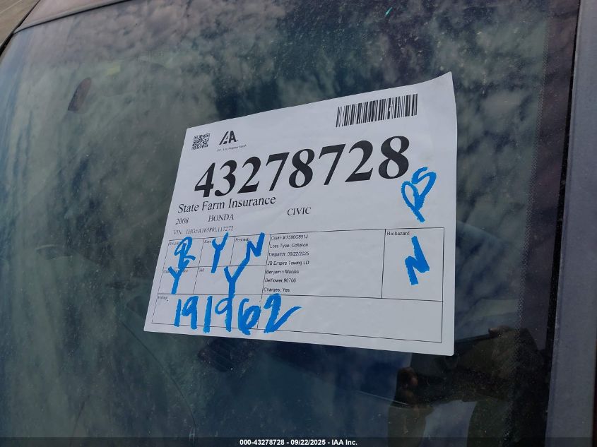 2008 Honda Civic Lx VIN: 1HGFA16588L117272 Lot: 43278728