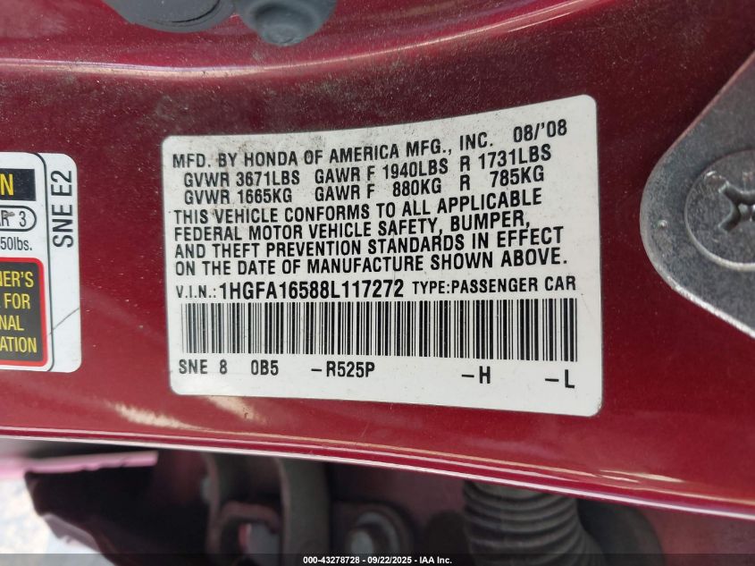 2008 Honda Civic Lx VIN: 1HGFA16588L117272 Lot: 43278728
