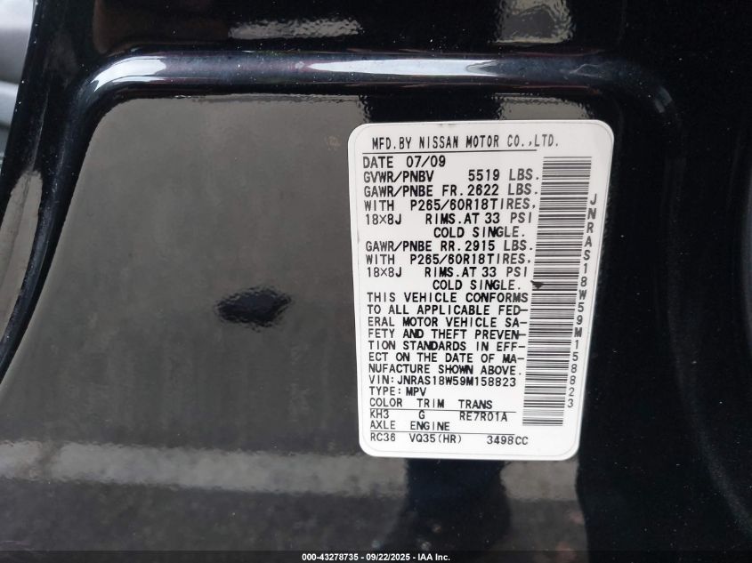 2009 Infiniti Fx35 VIN: JNRAS18W59M158823 Lot: 43278735