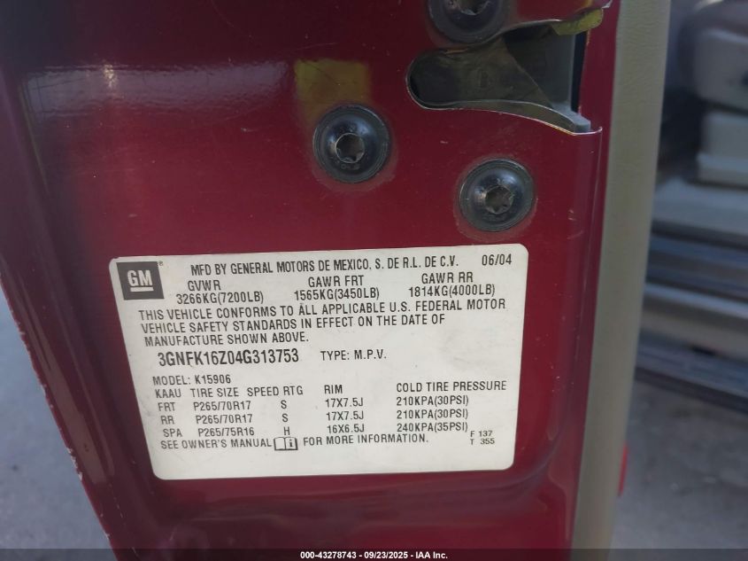 2004 Chevrolet Suburban 1500 Z71 VIN: 3GNFK16Z04G313753 Lot: 43278743