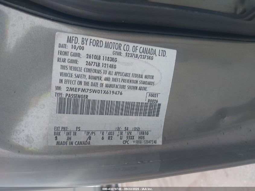 2001 Mercury Grand Marquis Ls VIN: 2MEFM75W01X619476 Lot: 43278746