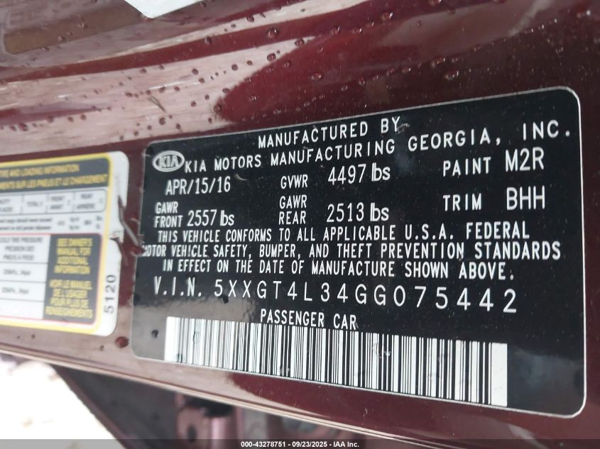 2016 Kia Optima Lx VIN: 5XXGT4L34GG075442 Lot: 43278751