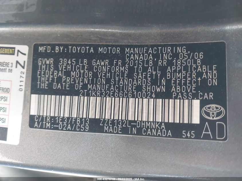 2006 Toyota Corolla Matrix Xr VIN: 2T1KR32E66C610024 Lot: 43278759