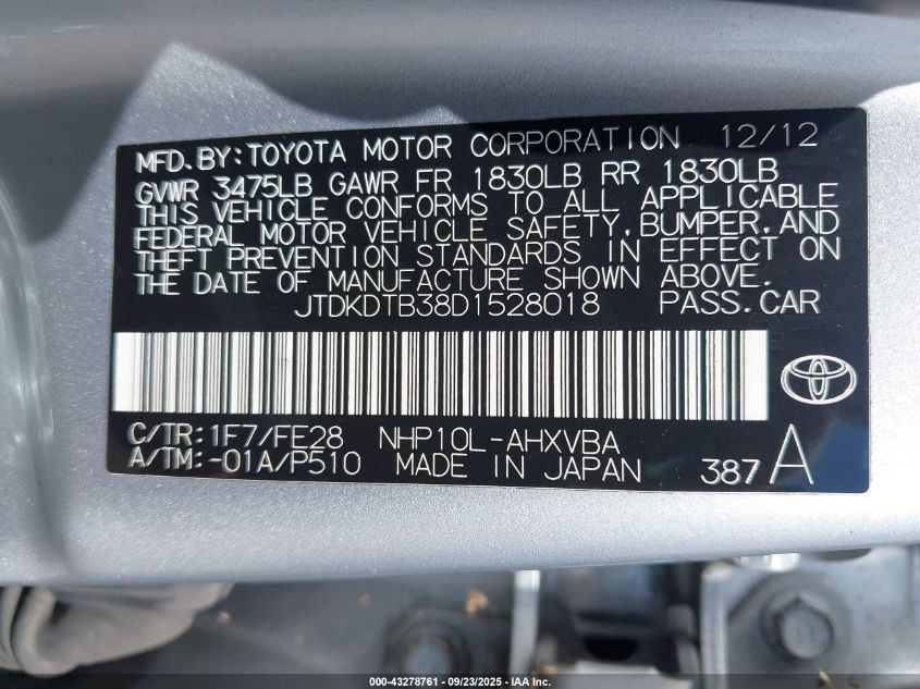 2013 Toyota Prius C One VIN: JTDKDTB38D1528018 Lot: 43278761