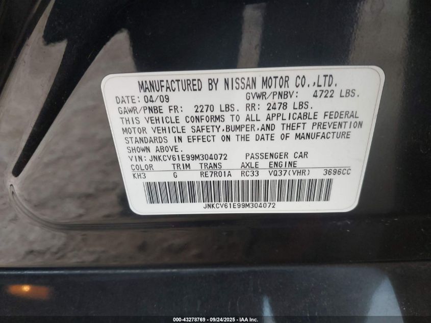 2009 Infiniti G37 Journey VIN: JNKCV61E99M304072 Lot: 43278769