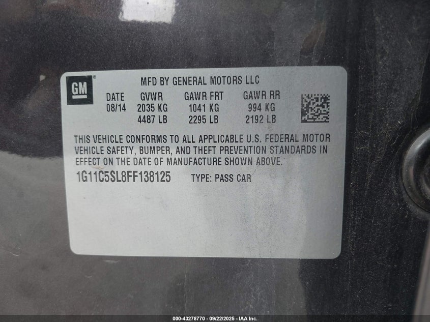 2015 CHEVROLET MALIBU 1LT - 1G11C5SL8FF138125