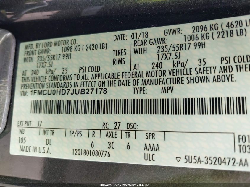 2018 Ford Escape Sel VIN: 1FMCU0HD7JUB27178 Lot: 43278773